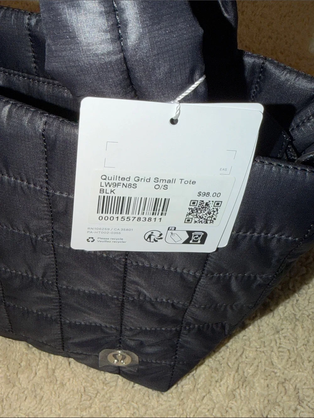 lululemon athletica Quilted Black Puffer Tote